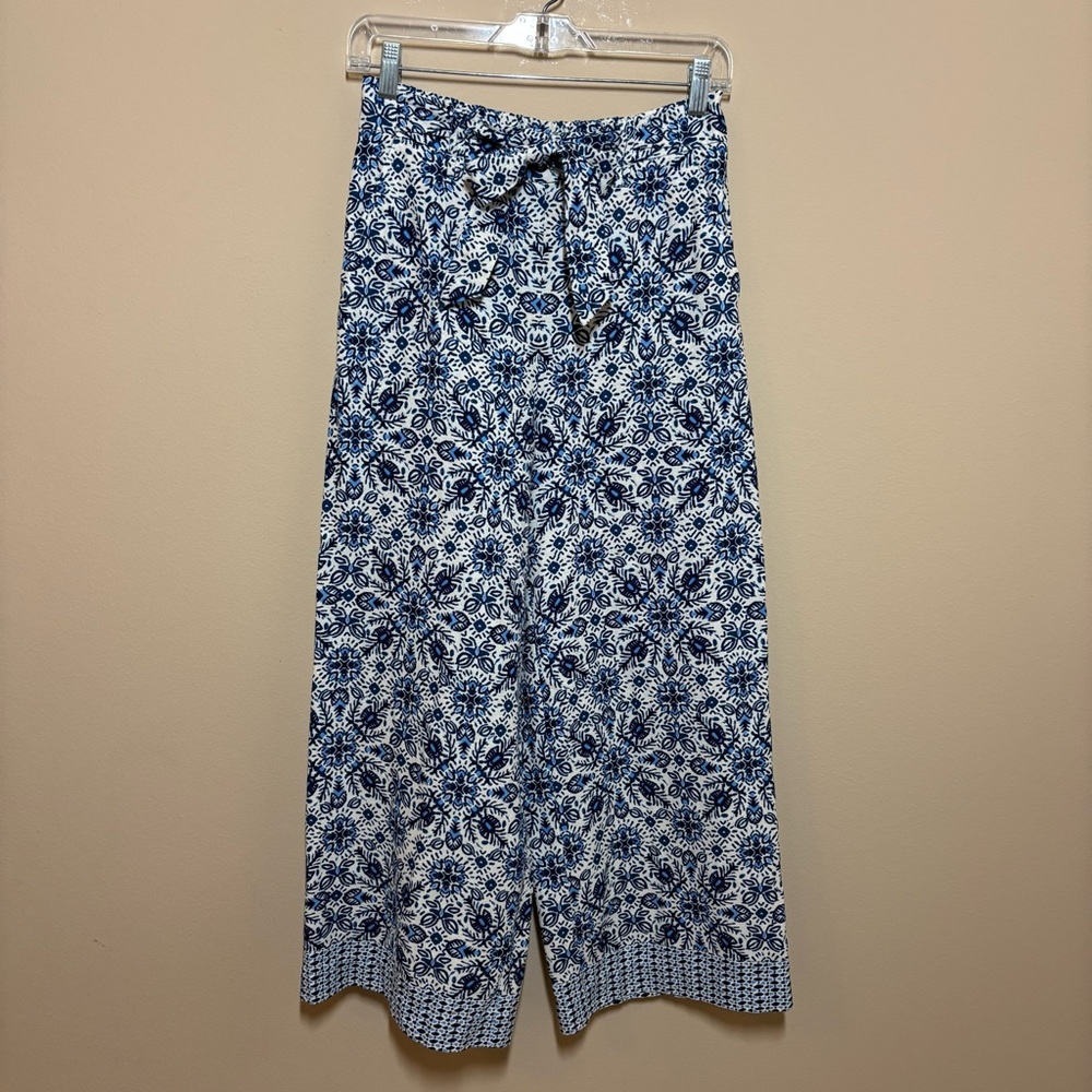 Joie Blue and White Floral Pants linen blend wide leg cropped pants tie waist
